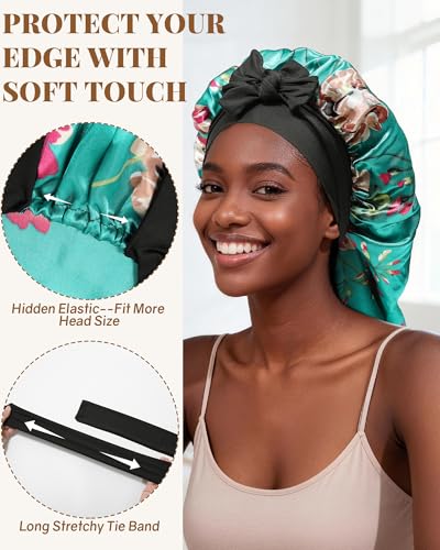 AWAYTR Long Satin Bonnet for Braids - Elastic Silk Hair Bonnets for Sleeping Night Cap Stretchy Tie Band for Women（Flower A） - color: Flower A