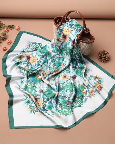 AWAYTR 27.5” Square Satin Head Scarf Hair Scarf for Women's Hair Silk Bandana for Women Silk Head Wrap for Sleeping - color: Flower (Dark Green)