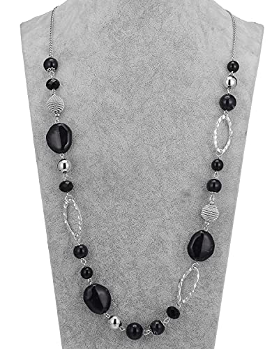 BULINLIN Beaded Long Necklace for Women Silver Sweater Chain Necklace with Crystal Resin Beads, Fashion Jewelry Necklace - color: Black