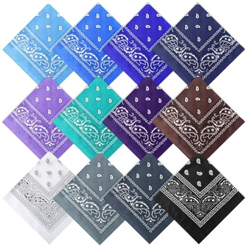 Suhine 12 Pcs Bandanas Bulk for Women Men 22 x 22 Inch Paisley Headband Cowboy Handkerchief Summer Beach Party Costume - color: 12 Colors