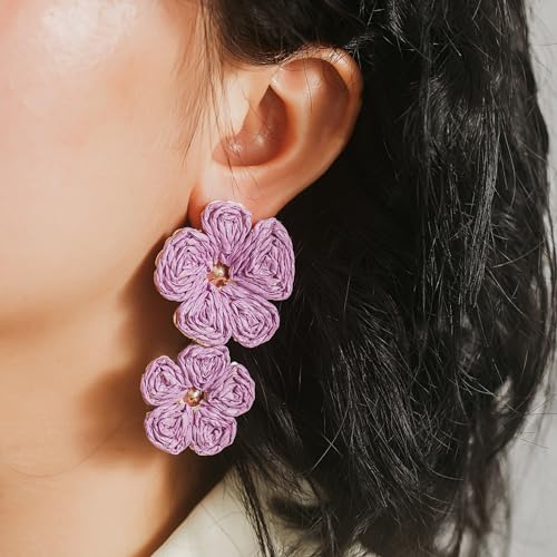 Boho Flower Earrings Statement Raffia Dangle Earrings Cute Floral Jewelry Trendy Summer Beach Vacation Outfits for Women - color: Purple