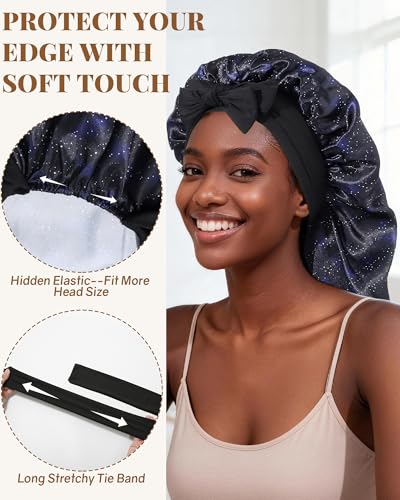 AWAYTR Long Satin Bonnet for Braids - Elastic Silk Hair Bonnets for Sleeping Night Cap Stretchy Tie Band for Women(Midnight) - color: Midnight