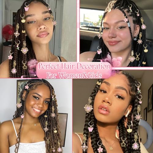 36PCS Pink Crystal Hair Jewelry Butterfly Braids Clips Flower Loc Jewelry Pearl Hair Charms Gold Hair Cuffs Rings Valentine's Day Braids Accessories for Women and Girls - color: Gold&Pink