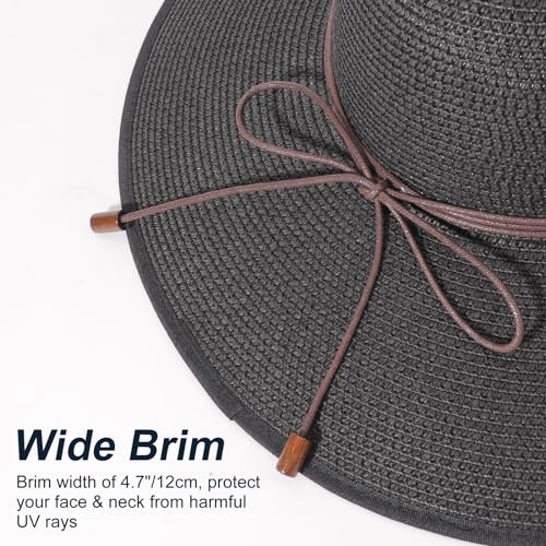 DRESHOW Beach Hats for Women Big Straw Wide Brim Summer Hat Floppy Foldable Roll up Cap Sun Hat UPF 50+ - color: 1 Pack Bowknot Hat: Black, 4.7" Brim