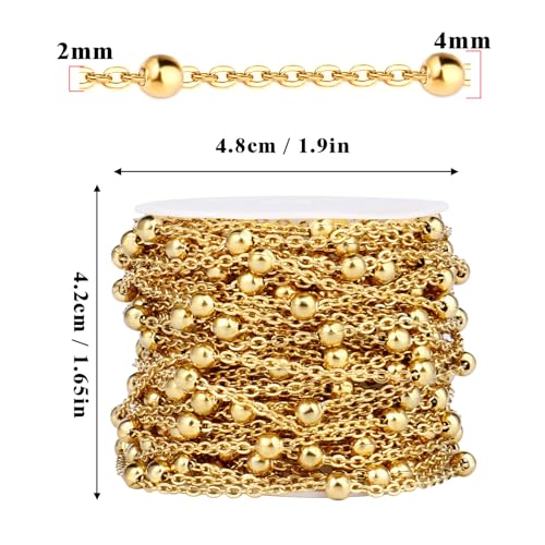 33 Feet Gold Satellite Bead Chains Roll, 2mm 18K Gold PVD Plated 304 Stainless Steel Ball Beaded Cable Link Chains Spool Bulk for Jewelry Making DIY Craft - color: Gold Big Beads Satellite Cable Chain