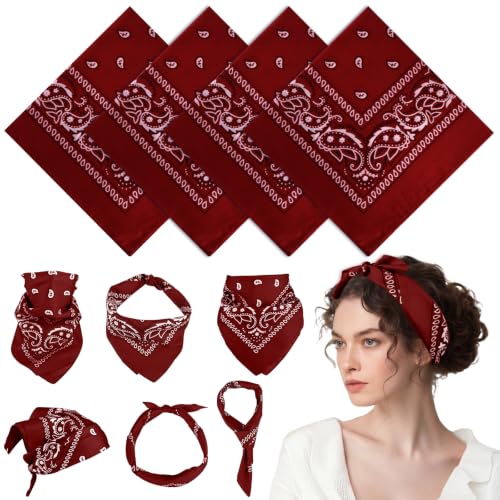 PLULON Bandanas for Men Women 4/12/24/30 Pack, Paisley Pattern Bandana Bulk Headbands Handkerchief Face Mask 100% Polyester - color: Burgundy