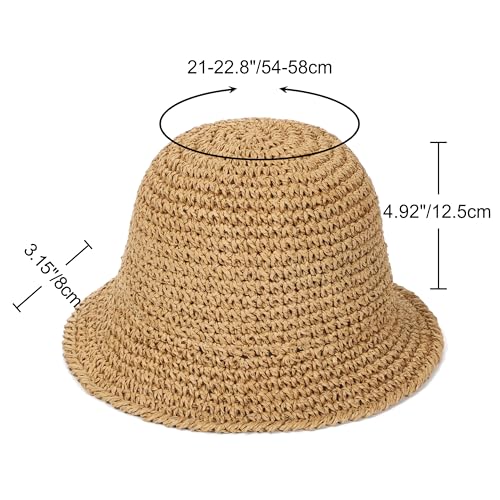 Womens Sun Hat Handmade Straw Bucket UV Protection Travel Summer Beach Cap - color: Khaki