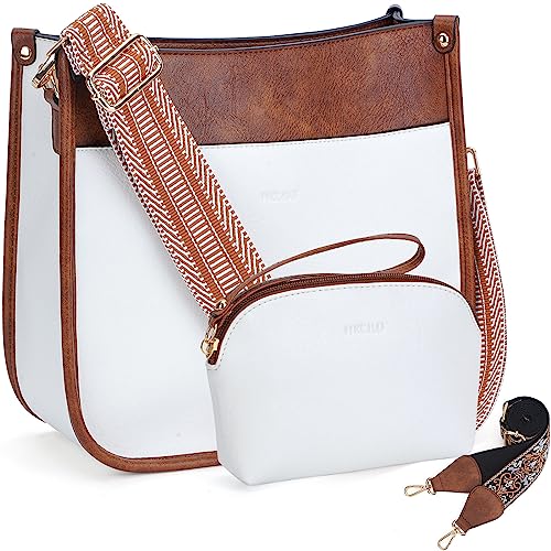 HKCLUF Crossbody Bag Purse for Women 2PCS/Set Leather Hobo Handbag Wallet Set With 2Adjustable Guitar Strap Shoulder Bag | Purse - color: A01-white Brown