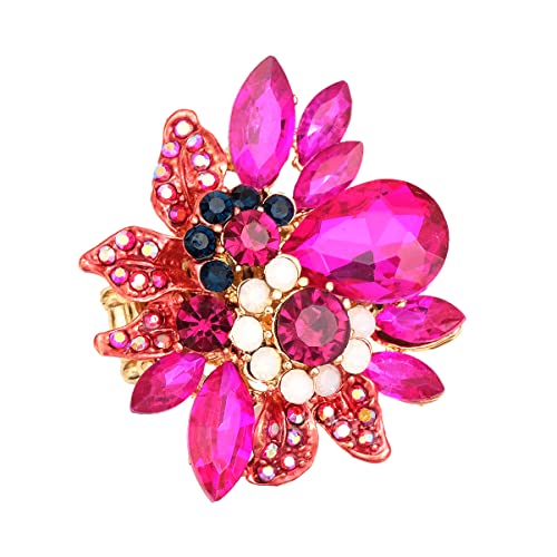 CSY Luxury Women's Austrian Crystal Leaves Flower Big Cocktail Statement Rings Stretch Adjustable Ring Jewelry Accessories - color: hot pink crystal-gold tone