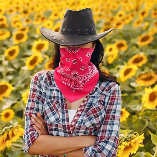 Western Bandana Scarf With Vintage Coin Buckle, Paisley Pattern Neck Scarf for Men Pocket Square Cowboy Scarves - color: Rose Red