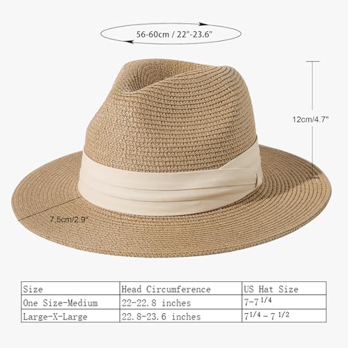 Lanzom Women Wide Brim Straw Panama Roll up Hat Fedora Beach Sun Hat UPF50+ - color: Beige/Brown, size: One Size-Small