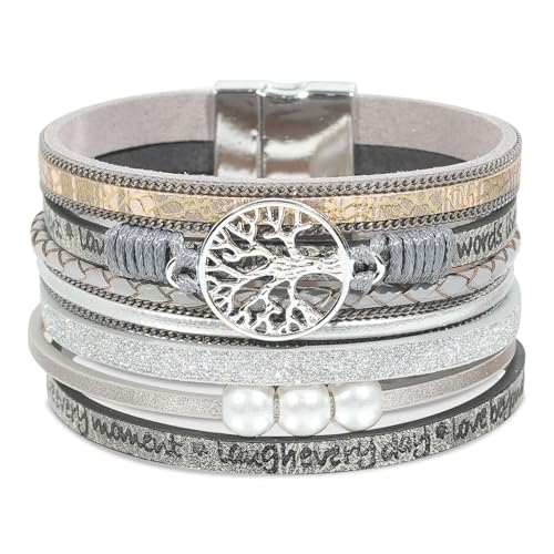 Leather Wrap Bracelet for Women, Boho Cuff Bracelet with Strong Clasp, Multi-Layer Crystal Leather Bracelet for Valentine Mother's Day - color: 02-Tree of Life-Gray