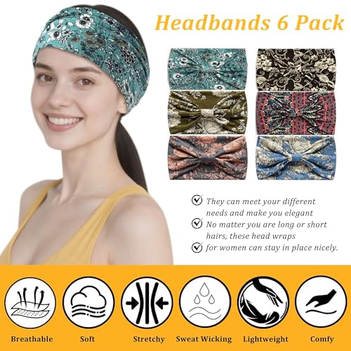 6 Pack Boho Style Women's Headbands, Non slip Fashion Wide Elastic hairband, Daily Sports Yoga Workout Women's Hair Bands,Floral Print-Nature Wildflower Print - color: Type 12