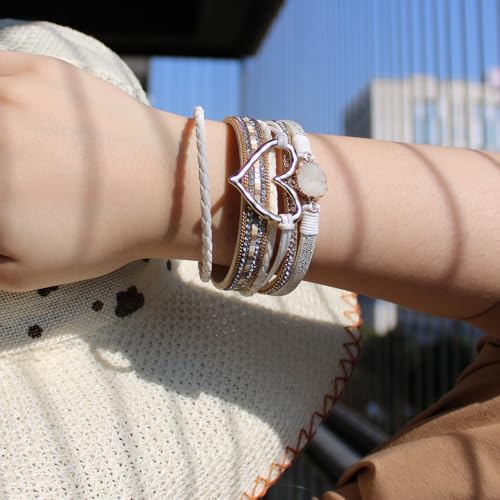 Womens Multi Layer Heart Leather Wrap Bracelet Boho Stackable Cuff Bangle Magnetic Clasp Crystal Birthday Valentine Gift - color: White