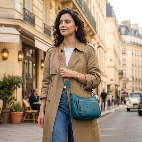 Crossbody Bags for Women, Vegan Leather Medium Crossbody Purse, Spacious Daily Travel Shoulder Bag with Boho Strap - color: Peacock Blue
