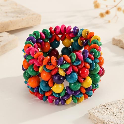 Boho Wide Chunky Colorful Wooden Thick Shell Elastic Stretch Bracelet Handmade Bohemia Summer Beach Vacation Adjustable Lightweight Wood Wristband Jewelry for Women - color: colorful