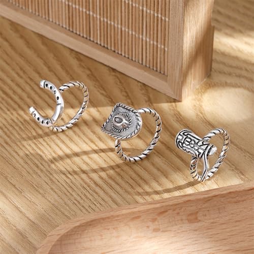 NewZenro 3PCS Western Cowboy Stacking Rings Set for Women Men Vintage Boho Cowgirl Hat Boot Horseshoe Stackable Statement Finger Band Rings Comfort Fit Country Concert Party Holiday Jewelry Size 7 - color: Silver