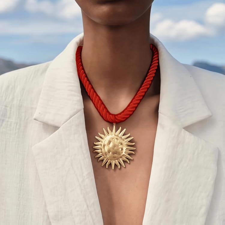 Exquisite Gold Sun Pendant Red Rope Necklace - Retro Round Coin Necklace - Ladies