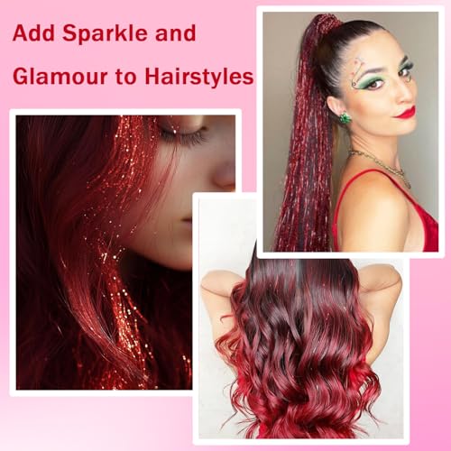 NIACONN Glitter Hair Tinsel Extensions Kit Red with Tools and Beads, 48 Inch Sparkly Fairy Colorful Tensile Strands Shiny Hair Accessories for Women Girls Kids - color: Red