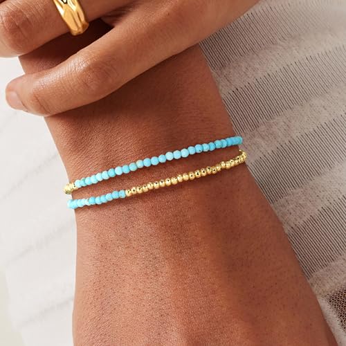 Fettero Beaded Bracelets for Women Charm Natural Stone Handmade Beads White Gold Plated Dainty Gold Bracelets Non Tarnish Boho Summer Beach Vacation Jewelry - color: Light Blue Turquoise