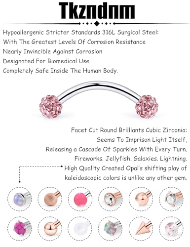 16g 8/10mm Silver/Black/Rose-Gold/Rainbow Eyebrow Piercing Jewelry Rings Curved Barbell Vertical Labret Lip Surgical Steel Small Belly Button Snake Eyes Tongue Rook Earrings for Women Men - color: Rose Gold / Pink, size: 16g*10mm*3mm