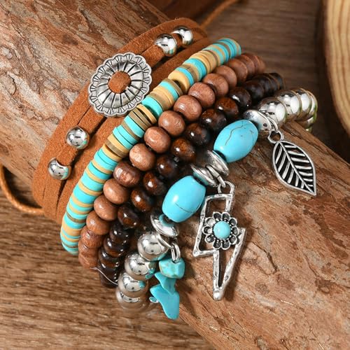 Long tiantian Western Turquoise Beaded Bracelet Set for Women Stackable Cowgirl Bracelets Boho Concho Jewelry Country Concert Rodeo Outfit Accessories Gifts - color: D5