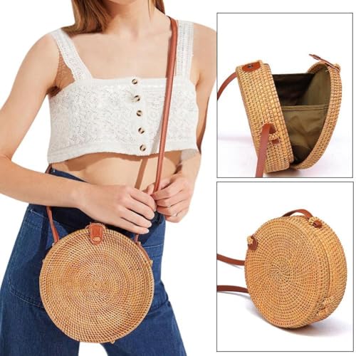 Boho Rattan Crossbody Bag, Handwoven Round Rattan Bag Purse for Women, Tote Basket Circle Boho Bag for Travel Summer Picnic - style: Rattan Bag With Non-adjustable Strap