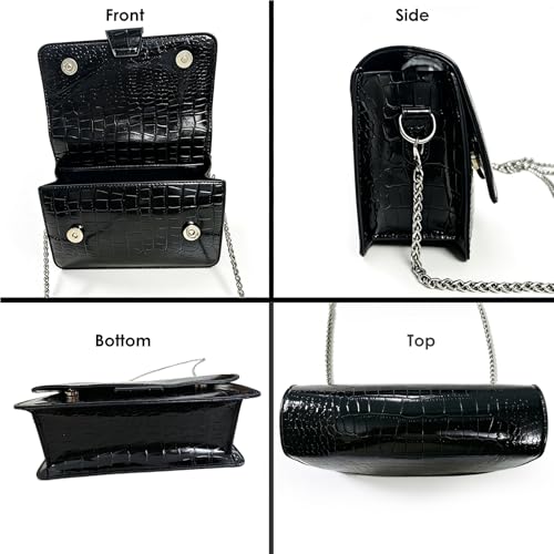 Small Crossbody Purse Bag for Women，Y2K Cute Metallic Croc-Embossed Handbag with Chain Strap - color: Medium Black（fit Your Phone）
