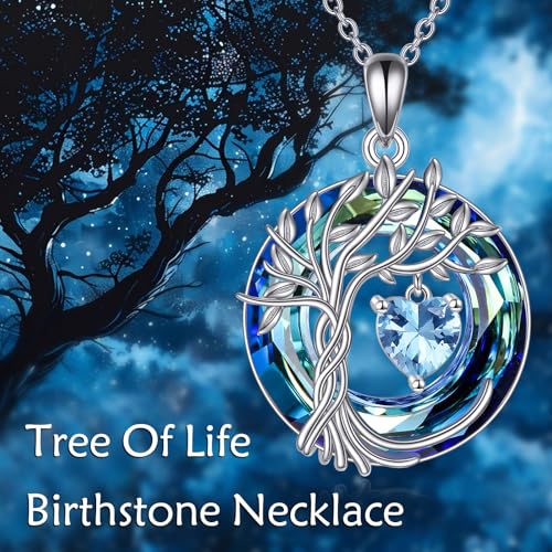 POPLYKE Mothers Day Gifts for Mom Her Wife Tree of Life Necklace 925 Sterling Silver Birthstone Pendant with Crystal Anniversary Birthday Wedding Jewelry for Women - color: 03-Mar-Aquamarine, style: White Gold Plated-Blue Crystal