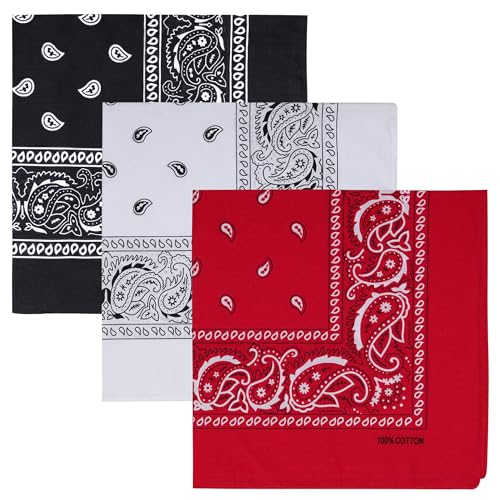 Raylarnia 100% Cotton Large Bandanas for Men and Women, 22 Inch Paisley Bandana with Multiple Colors - color: Black / White / Red
