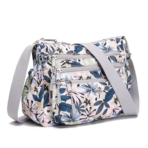AOCINA Crossbody Bags for Women Multi Pocket Nylon Lightweight Ladies Purses Messenger Shoulder Handbags Satchel Travel Bag - color: Gray Leaves, size: Large