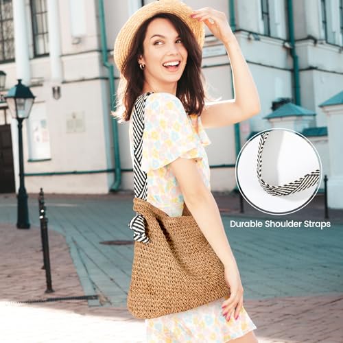 fauson Beach Bags for Women - Handmade Straw Clutch Purses for Women Handbag Zip Closure Tote Bag Lightweight - color: Light Khaki