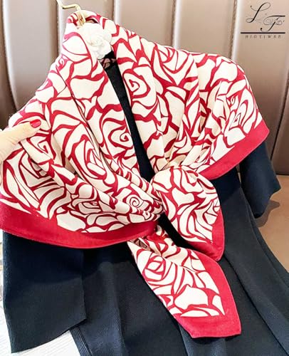 Hioyiwse Head Scarf For Women Hair Bandana 35" Large Square Satin Wrap Sleeping Neck Silk Satin Hair Scarves Lightweight - color: F27-red Rose（35*35inch）