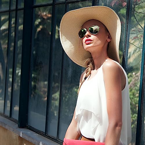 DRESHOW Beach Hats for Women Big Straw Wide Brim Summer Hat Floppy Foldable Roll up Cap Sun Hat UPF 50+ - color: Ada Beige 5.9" Brim, 1 Pack