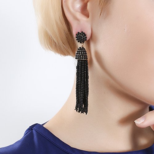 NLCAC Women's Beaded tassel earrings Long Fringe Drop Earrings Dangle 6 Colors - color: black