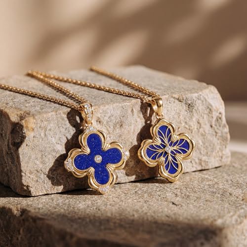 Fettero Dainty Gold Necklace for Women - Double Sided Pendant Necklace 14K Gold Plated Charm Clover Necklace Jewelry for Valentine's Day - color: Lapis Blue