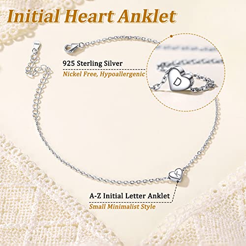 Suplight 925 Sterling Silver Initial Heart Anklets for Women Dainty Ankle Bracelets Letter Anklet Adjustable Plus Size Foot Chain Summer Beach Boho Jewelry - color: U