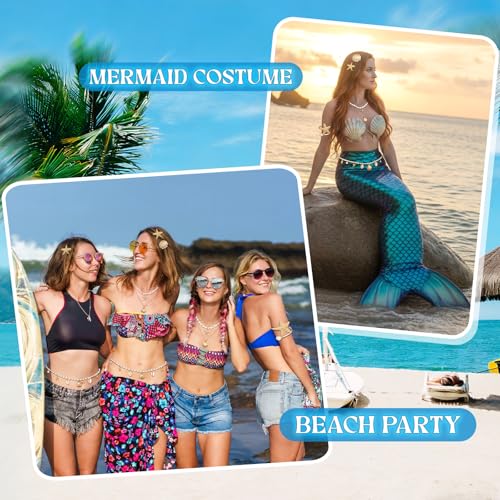 Tondiamo 7pcs Beach Jewelry Set for Women, Gold Starfish Seashell Waist Body Chain, Hair Clips, Seashell Starfish Necklaces Stackable, Gold Pearl Arm Cuff Bracelet Beach Vacation Mermaid Accessories