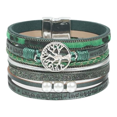 Leather Wrap Bracelet for Women, Boho Cuff Bracelet with Strong Clasp, Multi-Layer Crystal Leather Bracelet for Valentine Mother's Day - color: 02-Tree of Life-Green