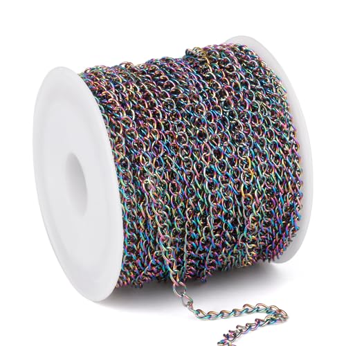 33FT Colorful Stainless Steel Curb Chains Roll, 2.5mm 304 Stainless Steel Multi Color Flat Twisted Links Curb Chains Bulk Spool for Jewelry Making DIY Craft - color: Colorful, size: 2.5mm width