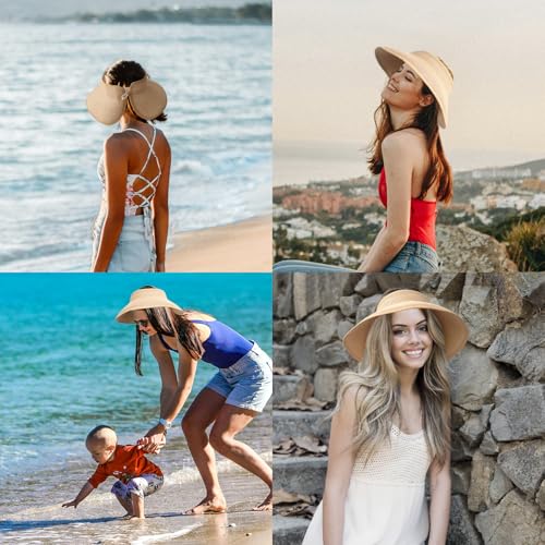 NPQQUAN Sun Visor Hats for Women Wide Brim Ponytail Straw Beach Hat Packable Foldable UPF 50+ Floppy Travel Hats - color: (White)), style: Classic