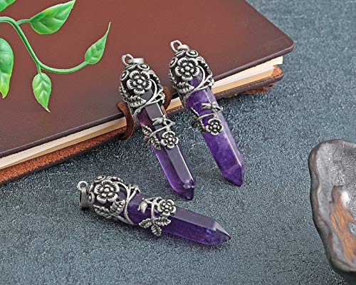 Top Plaza Antique Silver Flower Wrapped Natural Amethyst Healing Crystal Necklace - color: Amethyst