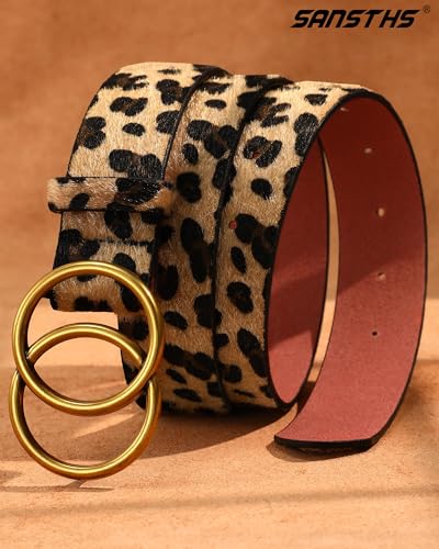 SANSTHS Womens Leather Belt for Jeans Pants Fashion Waist Belts Gold Silver Double Ring Buckle - color: B-leopard-fixed Buckle, size: Fits Waist 47-51 inch