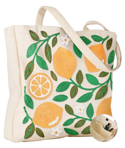 Miss Adola Embroidery Tote Bag with Pocket & Buckle - Reusable Canvas Tote for Women Cute Aesthetic Work Shopping Grocery Bag - style: Lemon
