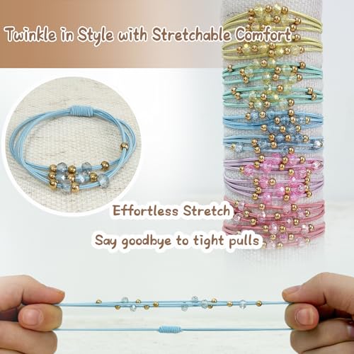 10pcs Colorful Hair Ties with Gold & Crystal Beads, Thin Elastic Ponytail Holders for Women - color: Yellow,Mint Green,Blue, Pink,Coral