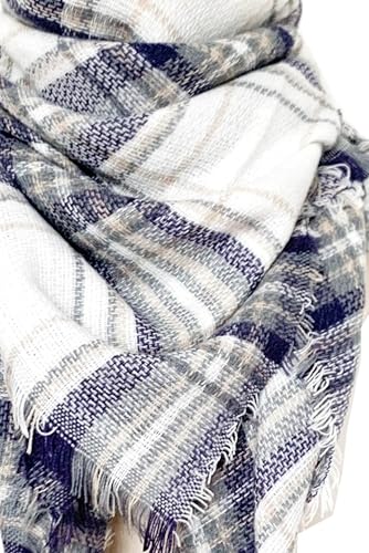 Wander Agio Womens Warm Long Shawl Winter Wraps Large Scarves Knit Cashmere Feel Plaid Triangle Scarf - color: Plaid Blue 34