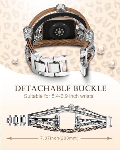 Compatible with Apple Watch Band 40mm for Women, Boho Bracelet for Apple Watch 38mm 41mm, Multilayer Leather Wrap Braided Strap for iWatch Series 11/10(42mm)/9/8/7/6/5/4/3/2/1/SE Leopard Black - color: A-Leopard Black, size: 42(series 11/10)/41/40/38mm