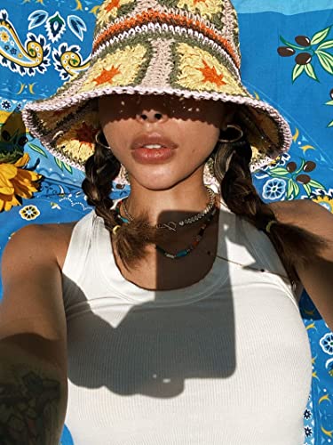 Women Straw Sun Hat Floral Woven Crochet Bucket Hat Y2k Aesthetic Accessories Beach Hat Hand Woven Boho Foldable Cap - color: Coffee