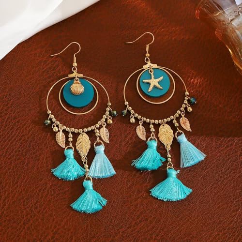 Ocean Starfish Shell Tassel Dangle Earrings for Women, Bohemian Blue Green Beach Sea Inspired Statement Dangle Boho Tropical Summer Vacation Jewelry Gift