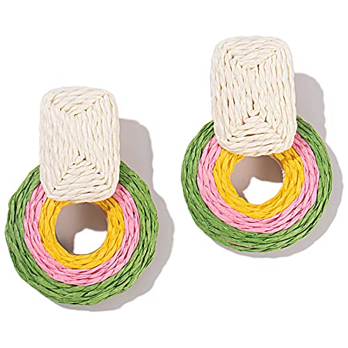 Statement Raffia Earrings Cute Boho Earrings Rattan Dangle Earrings Handmade Straw Wrap Earrings Summer Drop Dangling Earrings for Women Teen Girls - color: Green/Pink/Yellow